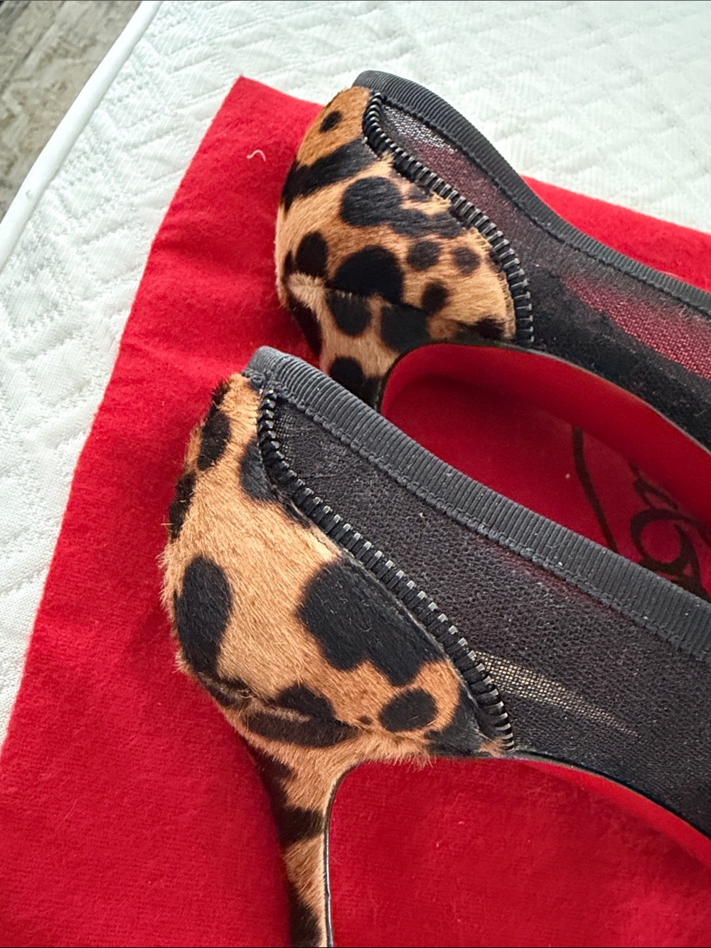 Christian Louboutin Black Mesh Heels with Leopard-Print Pointed Toe - Picture 4 of 12